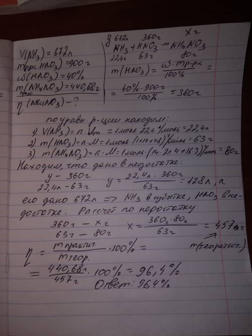 При пропускании аммиака объемом 672 л (н. у.) через раствор массой 900 г с массовой долей азотной ки