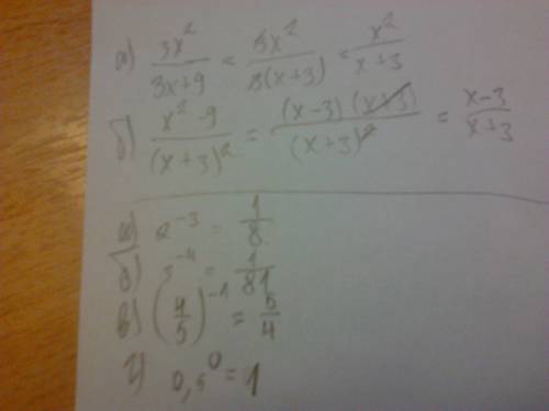 Решитьпять , нужно! 1) сократите дробь а) 3x^2 / 3x+9 б) x^2-9 / (x+3)^2 2) вычислите. а) 2^-3 б) 3^