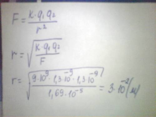 Два заряда по 1,3*10^-9 кл каждый взаимодействуют в вакууме с силой 1,69*10^-5 кл. определите рассто