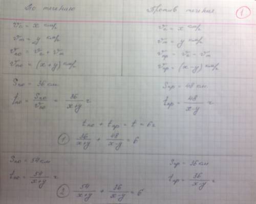 1) пароход в течение 6 ч проплывает по течению реки 36 км, а против течения - 48 км. в другом случае