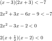 (x - 3)(2x + 3) < - 7 \\ \\ 2 {x}^{2} + 3x - 6x - 9 < - 7 \\ \\ 2 {x}^{2} - 3x - 2 < 0 \\ \\ 2(x + \frac{1}{2} )(x - 2) < 0 \\ \\