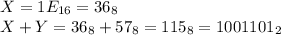 X=1E_{16}=36_8 \\ X+Y=36_8+57_8=115_8=1001101_2\\