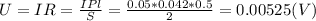 U=IR=\frac{IPl}{S}=\frac{0.05*0.042*0.5}{2}=0.00525(V)