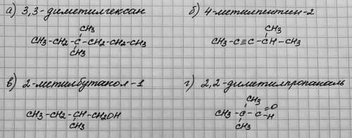 Напишите структурные формулы веществ; а) 3.3-диметилгексан б)4-метилпентин-2 в)2-метилбутанол г)2.2-