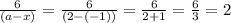 \frac{6}{(a-x)}=\frac{6}{(2-(-1))}=\frac{6}{2+1}=\frac{6}{3}=2