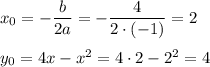 x_0=-\dfrac b{2a}=-\dfrac 4{2\cdot (-1)}=2\\\\y_0=4x-x^2=4\cdot 2-2^2=4