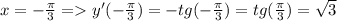 x=-\frac{\pi}3=y'(-\frac{\pi}3)=-tg(-\frac{\pi}3)=tg(\frac{\pi}3)=\sqrt{3}