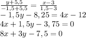 \frac{y+5,5}{-1,5+5,5}=\frac{x-3}{1,5-3}\\ -1,5y-8,25=4x-12\\ 4x+1,5y-3,75=0\\ 8x+3y-7,5=0