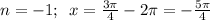 n=-1;\,\,\, x=\frac{3\pi}{4}-2 \pi =-\frac{5\pi}{4}