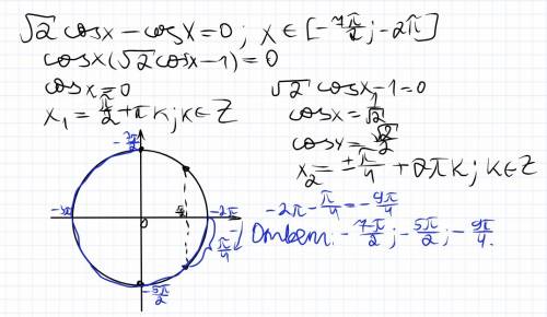 Корень из 2 cos^2x-cosx=0 промежуток [-7п/2; -2п]