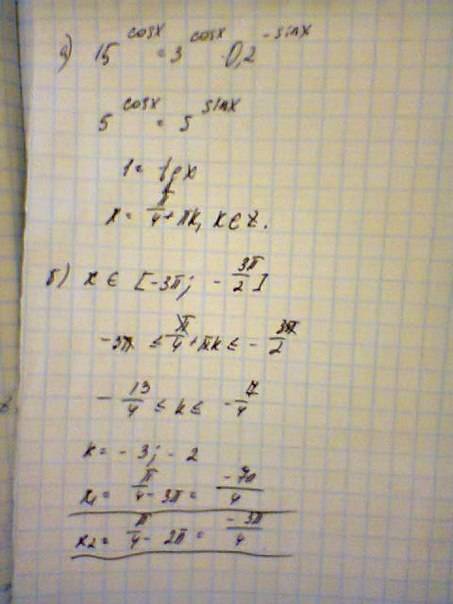 Решить с1: 15^cosx=3^cosx (0.2)^-sinx корни на интервале [-3п; -3п/2]