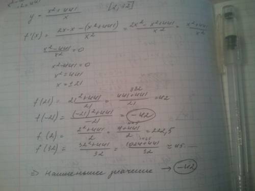 Найдите наименьшее значение функции y = (x^2+441)/x (дробь) на отрезке [2; 32]