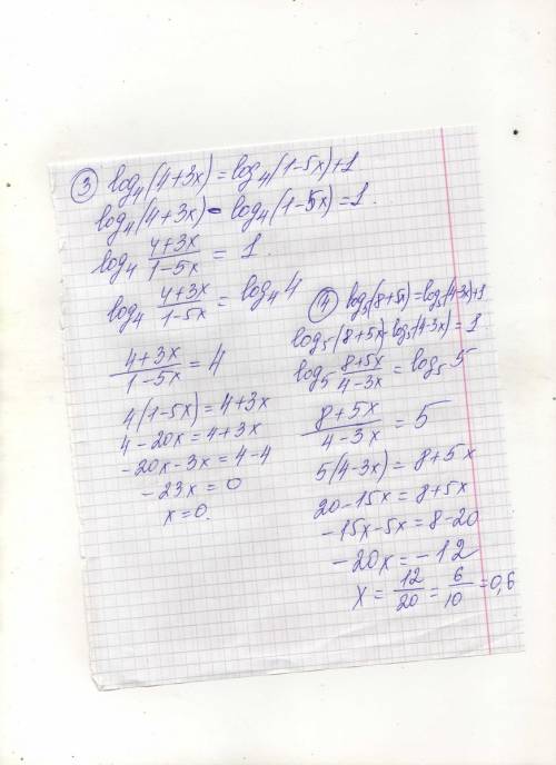 1)log2(4+5x)=log2(1-4x)+2 2)log3(6+5x)=log3(3+5x)+1 3)log4(4+3x)=log4(1-5x)+1 4)log5(8+5x)=log5(4-3x