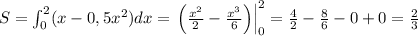 S=\int_0^2(x-0,5x^2)dx=\left.\left(\frac{x^2}2-\frac{x^3}6\right)\right|_0^2=\frac42-\frac86-0+0=\frac23