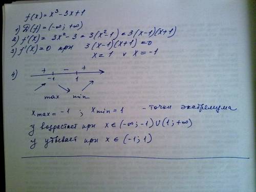 Иследовать функцию на монотомность и экстремумы, если f(x)=x^3-3x+1