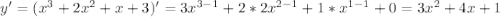 y'=(x^3+2x^2+x+3)'=3x^{3-1}+2*2x^{2-1}+1*x^{1-1} +0=3x^2+4x+1