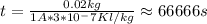 t=\frac{0.02kg}{1A*3*10^-7Kl/kg}\approx66666s