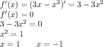 f'(x)=(3x-x^3)'=3-3x^2\\f'(x)=0\\3-3x^2=0\\x^2=1\\x=1\ \ \ \ \ \ x=-1