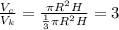 \frac{V_c}{V_k}=\frac{\pi R^2 H}{\frac13\pi R^2 H}=3