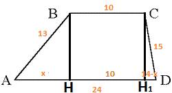 Длины оснований трапеции равны 10 и 24 длины боковых сторон равны 13 и 15. найти площадь трапеции.