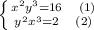 \left \{ {{x^2y^3=16\ \ \ (1)} \atop {y^2x^3=2\ \ \ (2)}} \right.