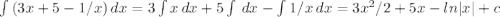 \int{(3x+5-1/x)}\, dx = 3\int{x}\, dx+5\int{}\, dx-\int{1/x}\, dx = 3x^2/2+5x-ln|x|+c