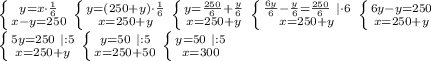 \left \{ {{y=x \cdot \frac{1}{6}} \atop {x-y=250}} \right. \left \{ {{y=(250+y) \cdot \frac{1}{6}} \atop {x=250+y}} \right. \left \{ {{y=\frac{250}{6}+\frac{y}{6}} \atop {x=250+y}} \right. \left \{ {{\frac{6y}{6}-\frac{y}{6}=\frac{250}{6}} \ | \cdot 6 \atop {x=250+y}} \right. \left \{ {{6y-y=250} \atop {x=250+y}} \right.\\ \left \{ {{5y=250 \ | :5} \atop {x=250+y}} \right. \left \{ {{y=50 \ | :5} \atop {x=250+50}} \right. \left \{ {{y=50 \ | :5} \atop {x=300}} \right.