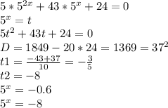 5*5^{2x}+43*5^{x}+24=0\\ 5^{x}=t\\ 5t^{2}+43t+24=0\\ D=1849-20*24=1369=37^{2}\\ t1=\frac{-43+37}{10}=-\frac{3}{5}\\ t2=-8\\ 5^{x}=-0.6\\ 5^{x}=-8\\