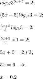 log_{27} 3^{5x+5}=2;\\\\(5x+5)log_{3^3} 3=2;\\\\\frac{5x+5}{3}log_3 3=2;\\\\\frac{5x+5}{3}*1=2;\\\\5x+5=2*3;\\\\5x=6-5;\\\\\ x=0.2