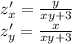 z'_x=\frac{y}{xy+3}\\\ z'_y=\frac{x}{xy+3}