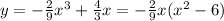 y=-\frac{2}{9}x^3+\frac{4}{3}x=-\frac{2}{9}x(x^2-6)