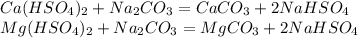 Ca(HSO_4)_2+Na_2CO_3=CaCO_3+2NaHSO_4\\Mg(HSO_4)_2+Na_2CO_3=MgCO_3+2NaHSO_4