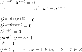 5^{2x-6} \cdot 5^{x+5}=0 \\ \smile \ \ \ \ \ \ \ \ \ \ \ \ \ \ \ \ \ a^x \cdot a^y=a^{x+y} \\ \\ 5^{2x-6+(x+5)}=0 \\ 5^{2x-6+x+5}=0\\ 5^{3x+1}=0 \\ puct' \ \ y=3x+1 \\ 5^y=0\\ y\in \oslash, \ \ \ \Rightarrow \ \ 3x+1 \in \oslash, \ \ \Rightarrow \ \ \ x \in \oslash