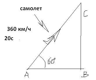 Самолет летит по прямой со скоростью 360 км/ч в течении 20с. какой высоты достигнет самолет за это в