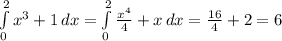 \int\limits^2_0 {x^3+1} \, dx=\int\limits^2_0 {\frac{x^4}{4}+x} \, dx = \frac{16}{4}+2=6