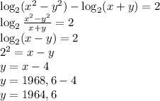 \\\log_2(x^2-y^2)-\log_2(x+y)=2\\ \log_2\frac{x^2-y^2}{x+y}=2\\ \log_2(x-y)=2\\ 2^2=x-y\\ y=x-4\\ y=1968,6-4\\ y=1964,6