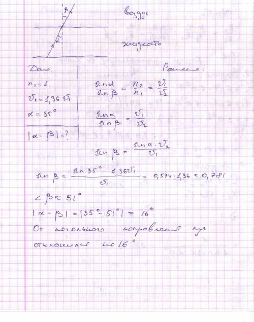 решить по ! при переходе света из жидкости в воздух его скорость увеличилась в 1,36 раз.на сколько г