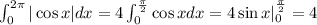 \int_0^{2\pi}|\cos x|dx = 4\int_0^{\frac{\pi}{2}}\cos x dx = 4\sin x |_0^{\frac{\pi}{2}}=4