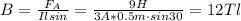 B=\frac{F_A}{Ilsin\aipha}=\frac{9H}{3A*0.5m\cdot sin30}=12Tl