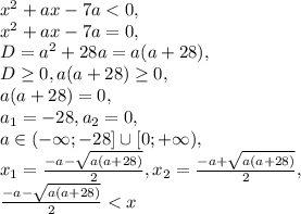 x^2+ax-7a<0, \\ x^2+ax-7a=0, \\ D=a^2+28a=a(a+28), \\ D\geq0, a(a+28)\geq0, \\ a(a+28)=0, \\ a_1=-28, a_2=0, \\ a\in(-\infty;-28]\cup[0;+\infty), \\ x_1=\frac{-a-\sqrt{a(a+28)}}{2}, x_2=\frac{-a+\sqrt{a(a+28)}}{2}, \\ \frac{-a-\sqrt{a(a+28)}}{2}<x