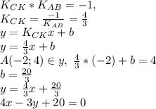 K_{CK}*K_{AB}=-1, \\\ K_{CK}=\frac{-1}{K_{AB}}=\frac{4}{3} \\\ y=K_{CK}x+b \\\ y=\frac{4}{3}x+b \\\ A(-2; 4) \in y, \ \frac{4}{3}*(-2)+b=4 \\\ b=\frac{20}{3} \\\ y=\frac{4}{3}x+\frac{20}{3} \\\ 4x-3y+20=0