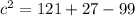 c^2=121+27-99