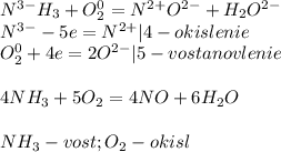 N^{3-}H_3+O_2^0=N^{2+}O^{2-}+H_2O^{2-}\\N^{3-}-5e=N^{2+}|4-okislenie\\O_2^0+4e=2O^{2-}|5-vostanovlenie\\\\4NH_3+5O_2=4NO+6H_2O\\\\NH_3-vost;O_2-okisl