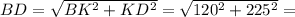 BD=\sqrt{BK^2+KD^2}=\sqrt{120^2+225^2}=