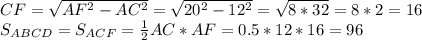 CF=\sqrt{AF^2-AC^2}=\sqrt{20^2-12^2}=\sqrt{8*32}=8*2=16 \\\ S_{ABCD}=S_{ACF}=\frac{1}{2}AC*AF=0.5*12*16=96