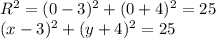 R^2=(0-3)^2+(0+4)^2=25\\ (x-3)^2+(y+4)^2=25