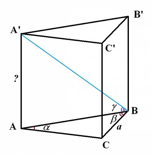 Основание прямой призмы - треугольник со стороной а, противолежащим этой стороне углом альфа и приле