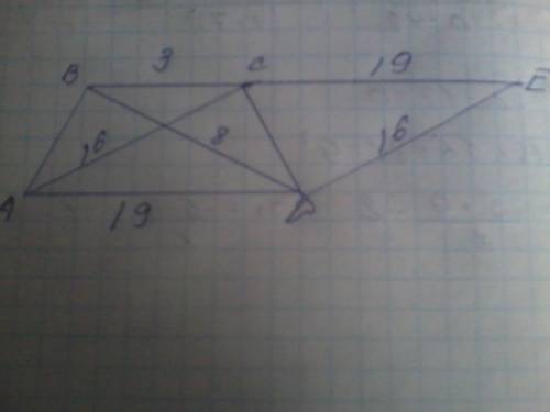 Основы трапеции равны 3 см и 19 см, а диагонали- 16 см и 8 см. найдите площадь трапеции.