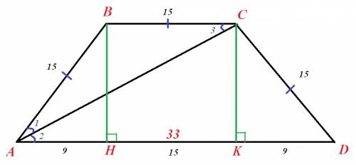 Основы равнобедренной трапеции 15 и 33 см,а диагональ делит ее острый угол напополам . найти площадь