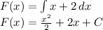 F(x)=\int x+2\, dx\\&#10;F(x)=\frac{x^2}{2}+2x+C